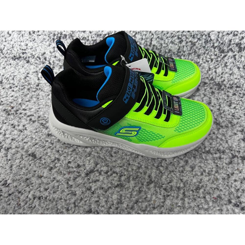 Skechers S-Lights Krendox Black Blue Lime Kids Size 3 NWT Light Up